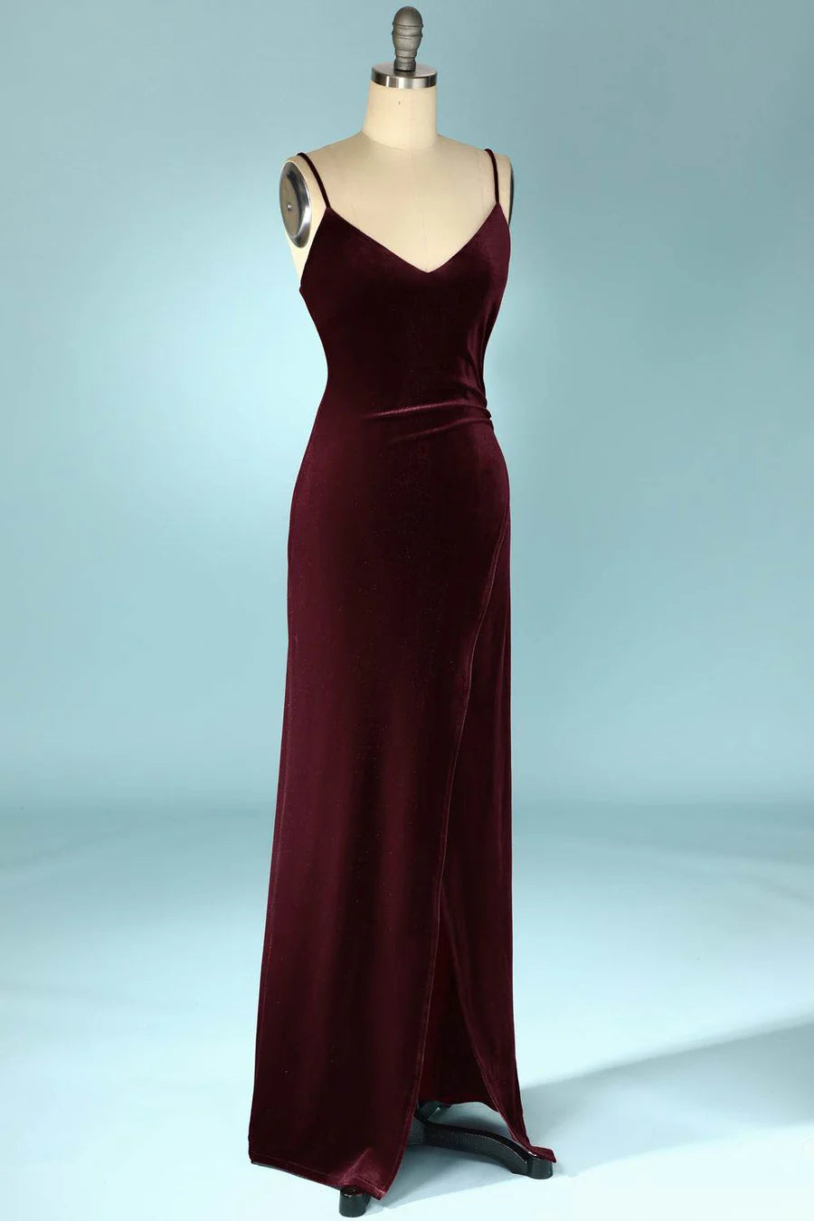 Velvet V-Neck Straps Long Bridesmaid Dress with Slit
