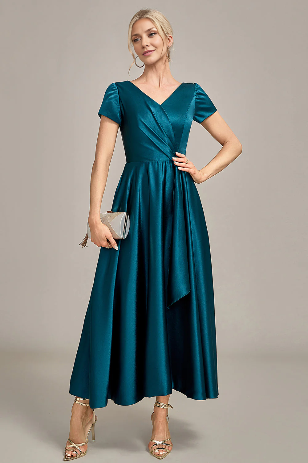 OKBBN satin V-neck A-line pleated bridal mother gown