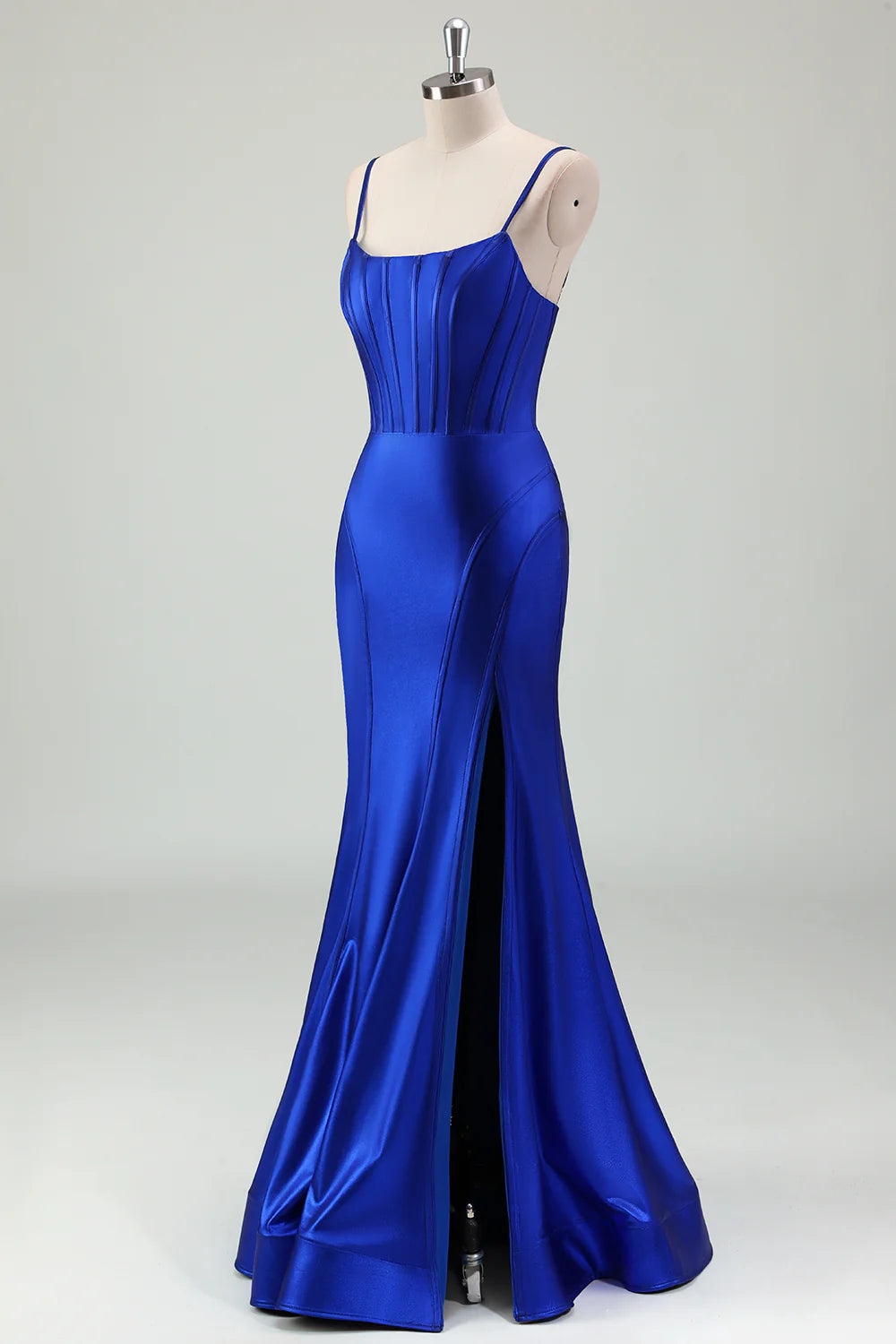 OKBBN mermaid slim shoulder strap backless tight corset long slit evening gown