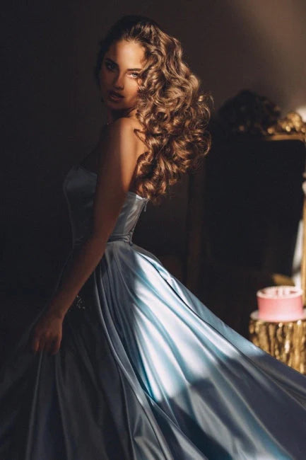 OKBBN strapless sleeveless A-line satin and floor dance dress