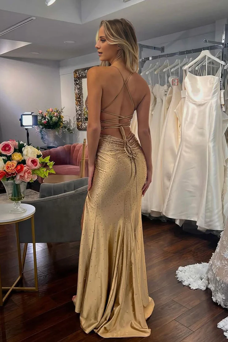 OKBBN Charming Mermaid V-neck Satin Ball Dress