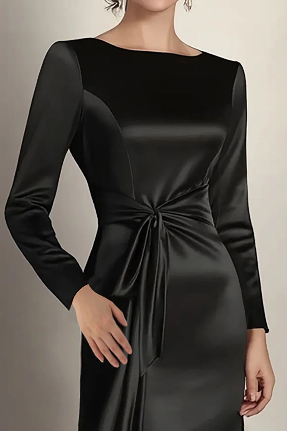 OKBBN mermaid long sleeved satin pleated long dress for brides and mothers