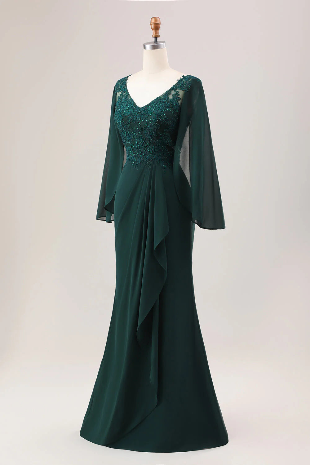 OKBBN Sparkling Mermaid Chiffon Long Sleeve Bridal Mother Dress