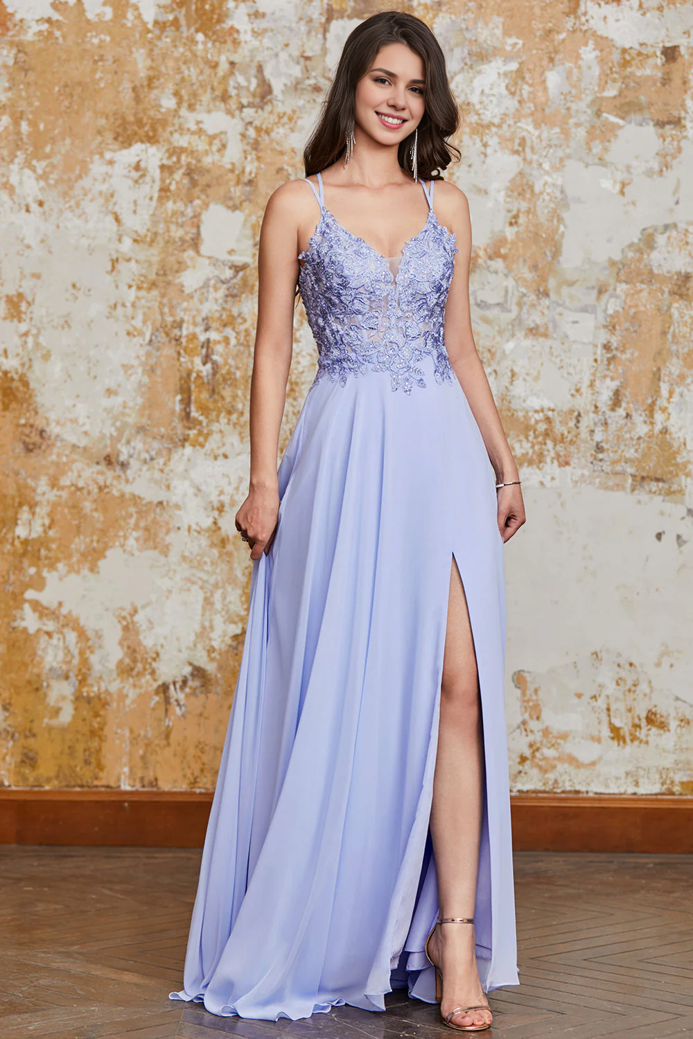 OKBBN's gorgeous A-line slim shoulder strap light purple long evening gown