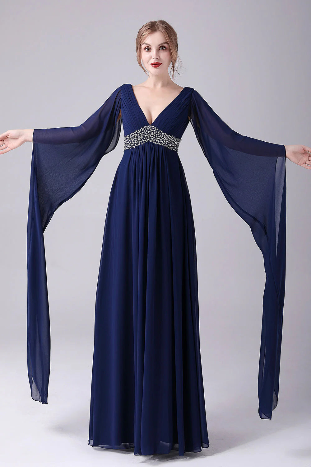 OKBBN A-line V-neck chiffon pleated long bridal mother gown