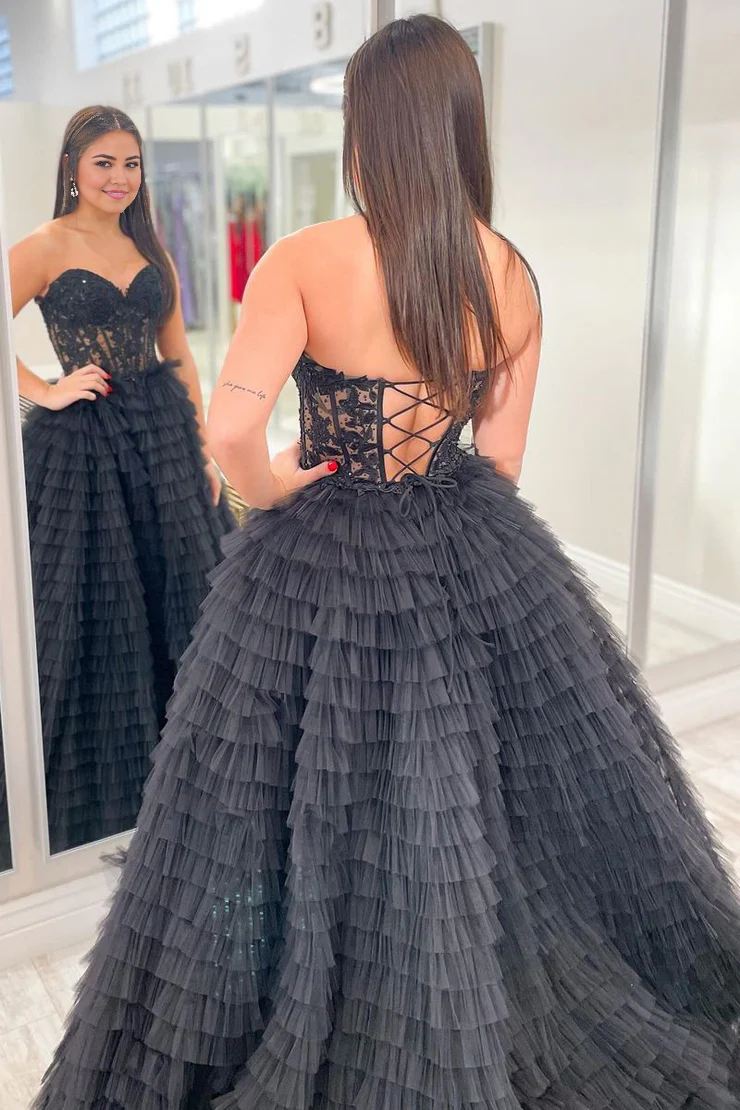 OKBBN applique off shoulder ruffle edge layered chiffon long dance dress