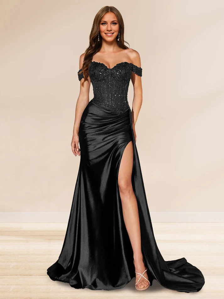 OKBBN mermaid off shoulder trailing sequin side slit evening gown