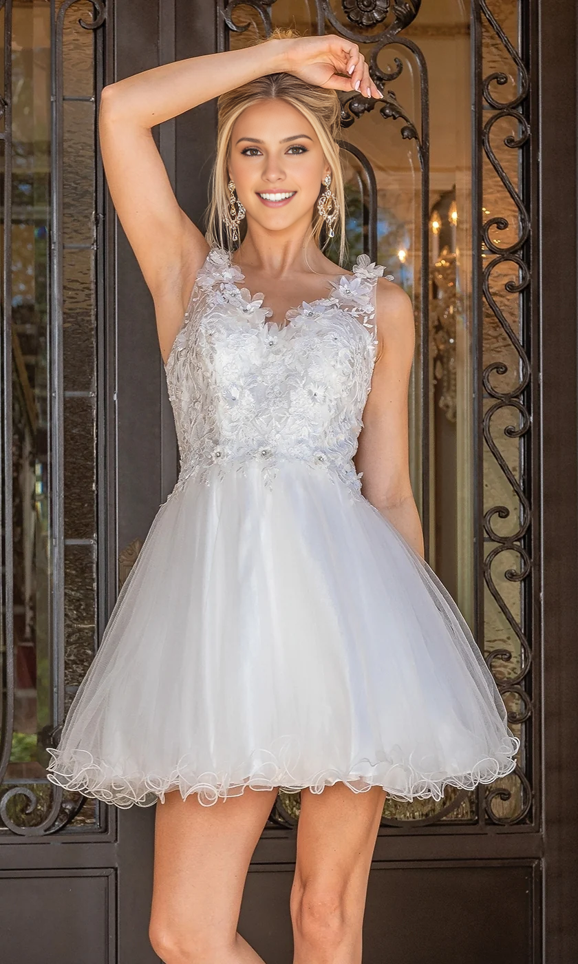 OKBBN cute short chiffon semi formal embroidered floral V-neck A-line short skirt and see through back Homecoming Dresses