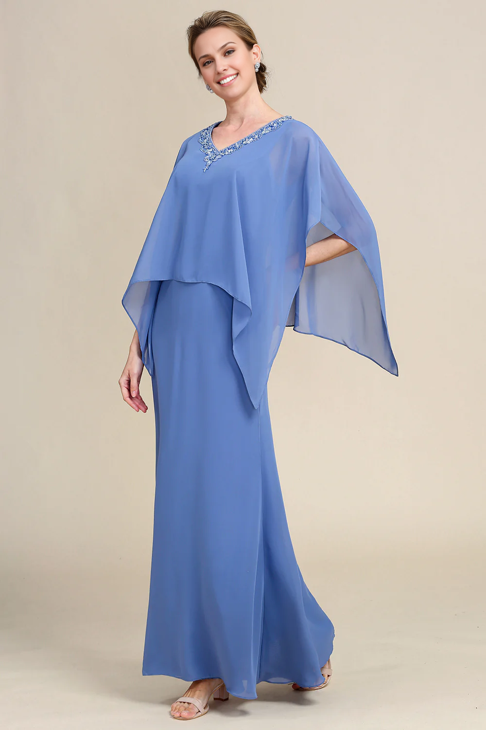 OKBBN dignified bat sleeve sparkling bead bride mother dress