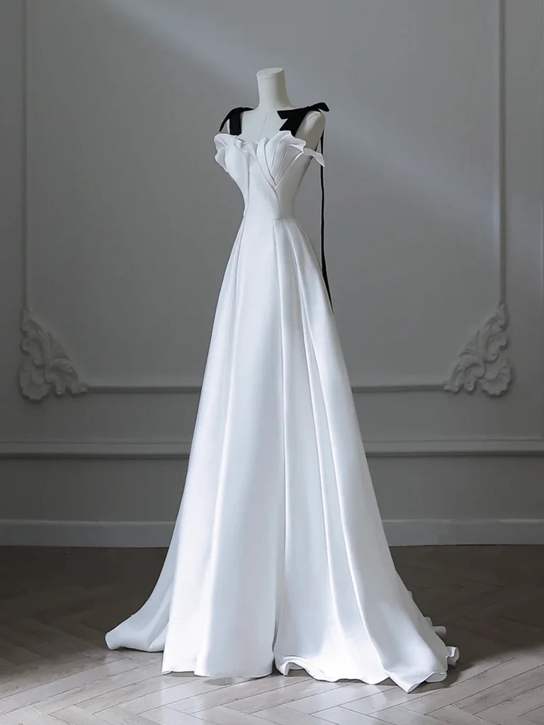 A-Line Satin White Long Evening Dress White Long Formal Dress