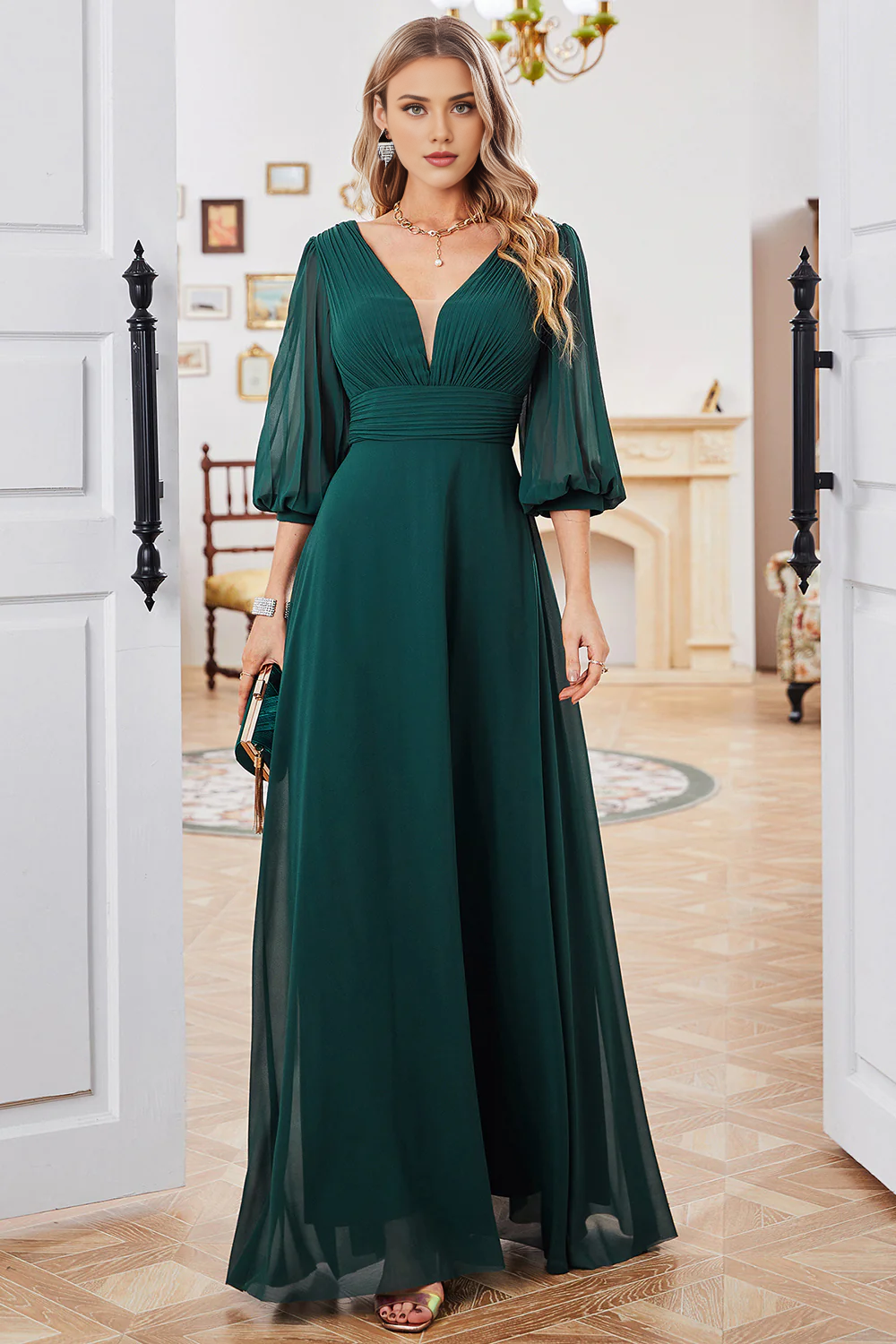 OKBBN A-line V-neck Chiffon Half Sleeve Bridal Mother Dress