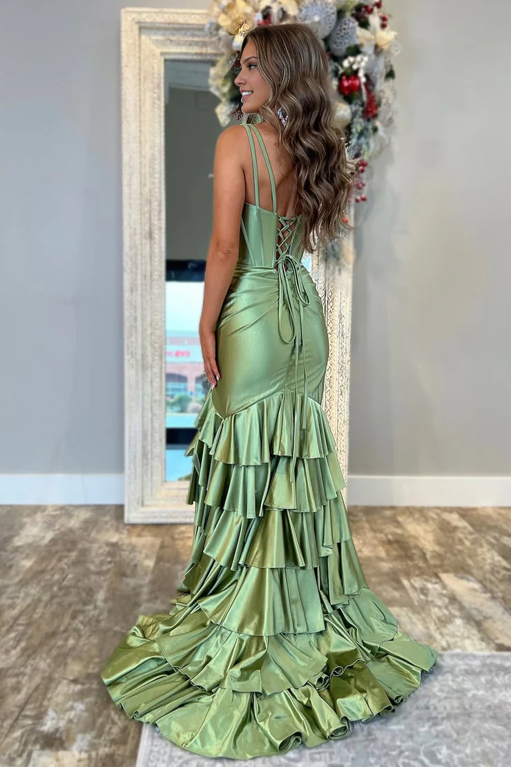 OKBBN Cute Mermaid V-neck Satin Long Split Ball Dress