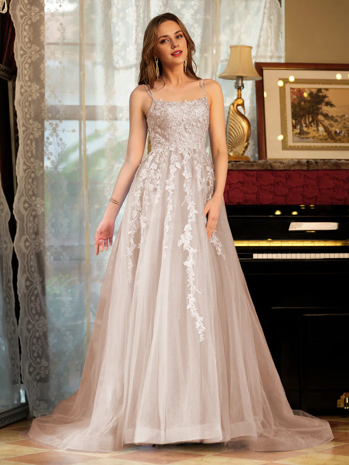 OKBBN A-line princess chiffon thin shoulder strap decal long evening gown