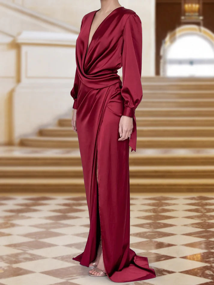 OKBBN tight straight cross V-neck long sleeved pleated wrap evening gown