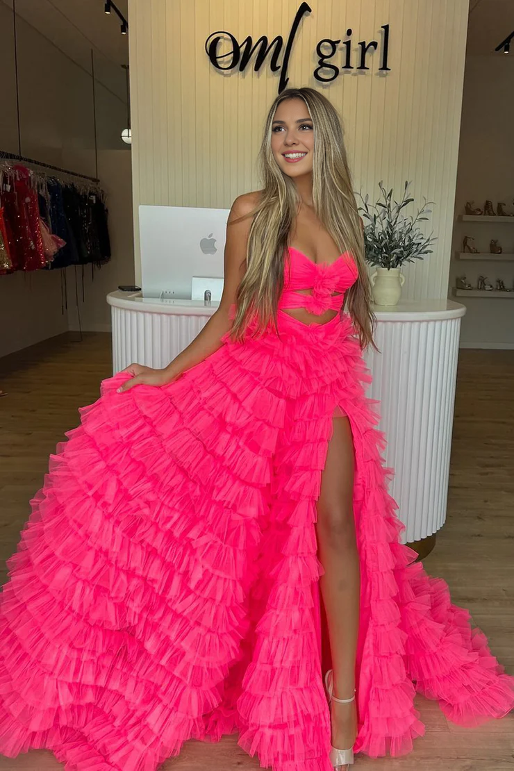 OKBBN Cute A-Shape Sweetheart Chiffon Long Split Ball Dress