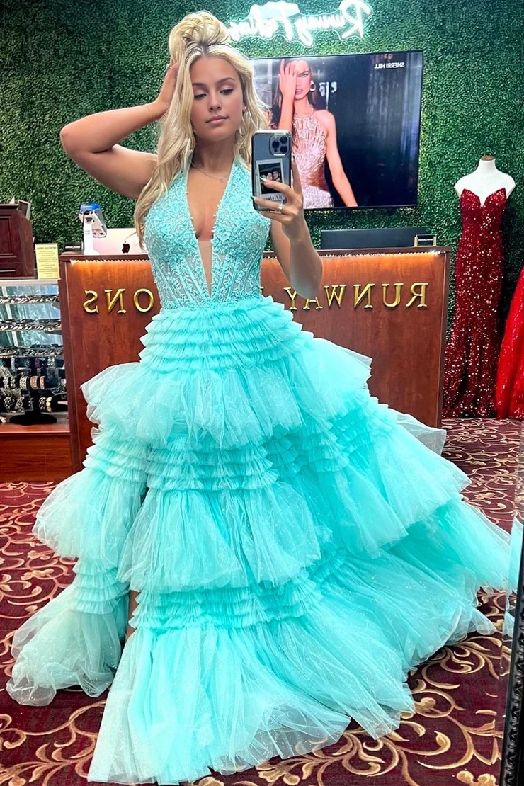OKBBN spaghetti strap ruffle layered long ball gown