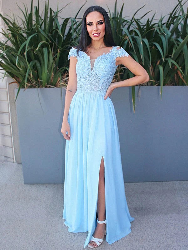 OKBBN A-line Elegant and Off Shoulder Sleeveless Chiffon Decal Ball Dress