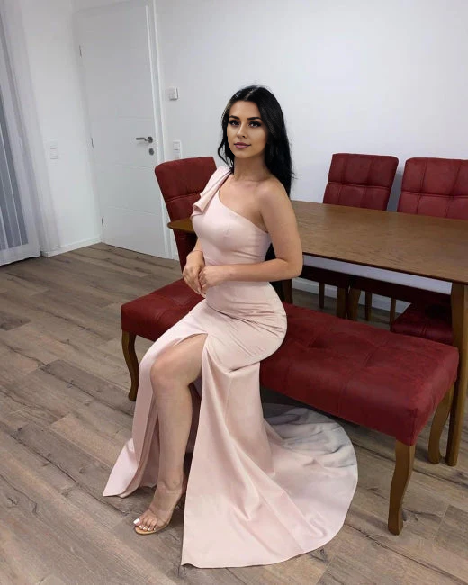 OKBBN Long Simple One Shoulder Split Mermaid Ball Dress