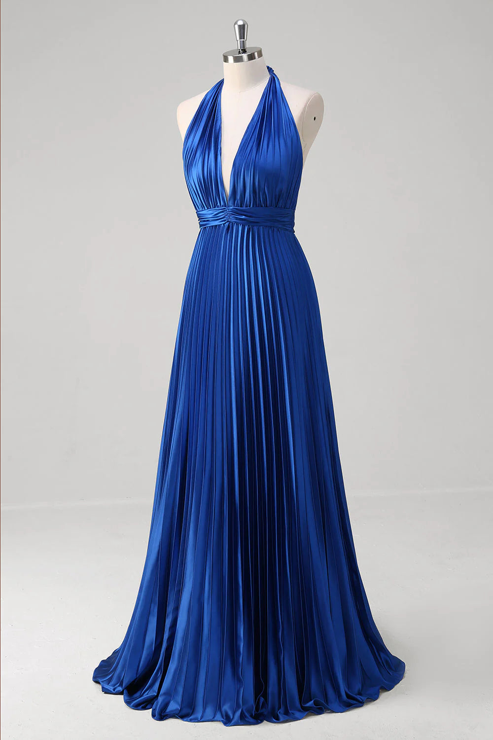 OKBBN satin A-line hanging neck pleated backless long evening gown