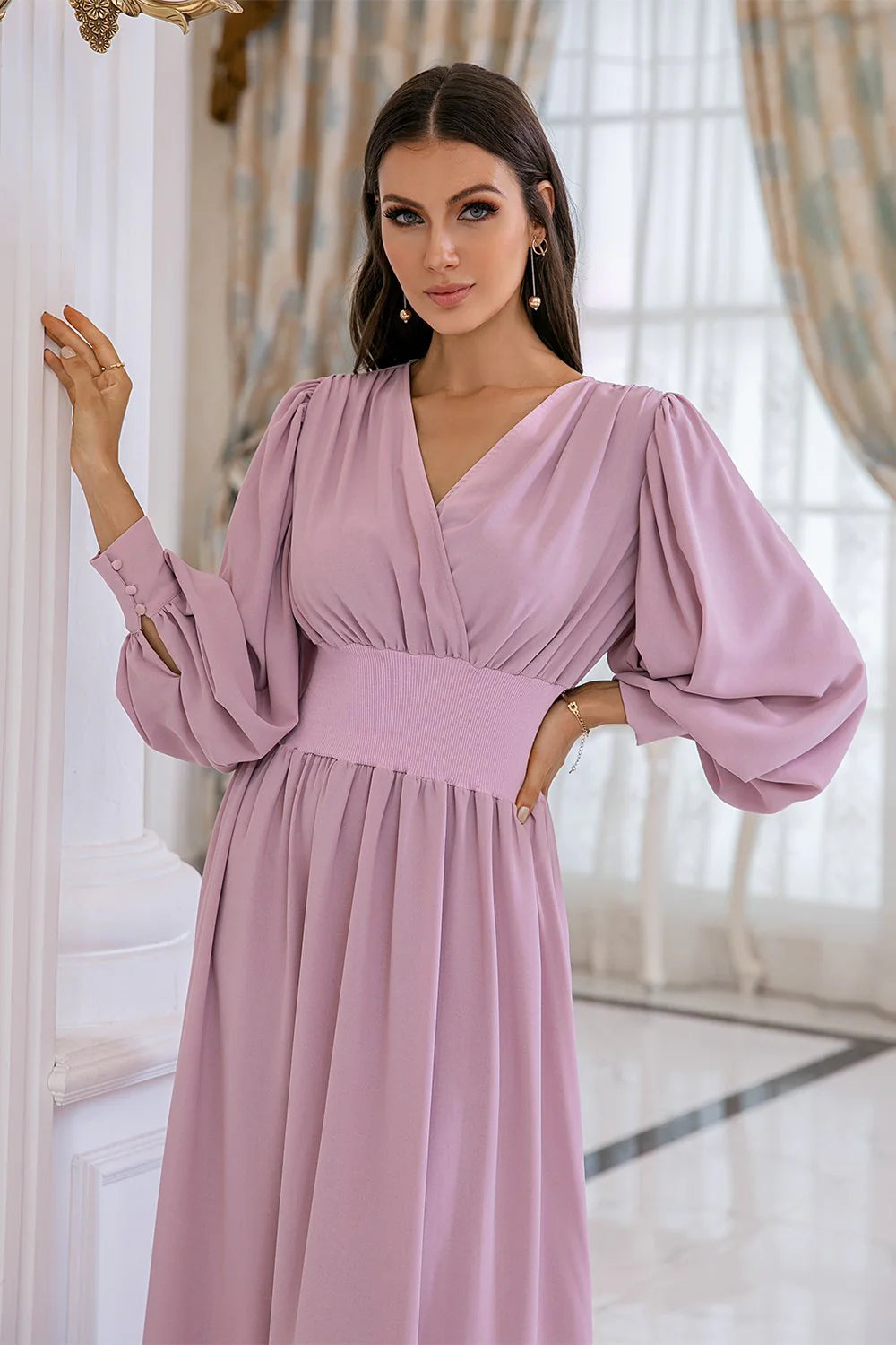 OKBBN Unique Design Long Sleeve V-neck Bridal Mother Dress