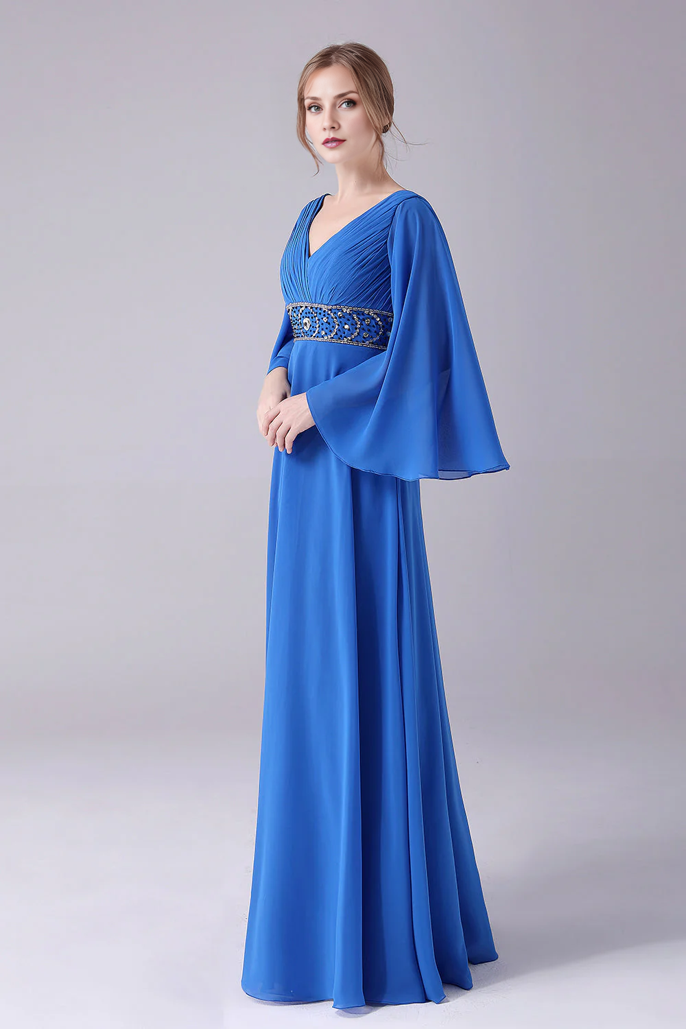 OKBBN A-line V-neck pleated long bridal mother gown