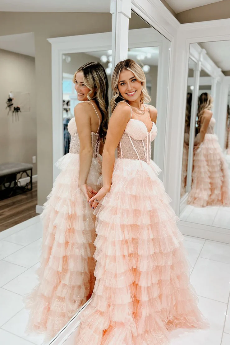 OKBBN A-line Sweetheart Layered Chiffon Long Ball Dress