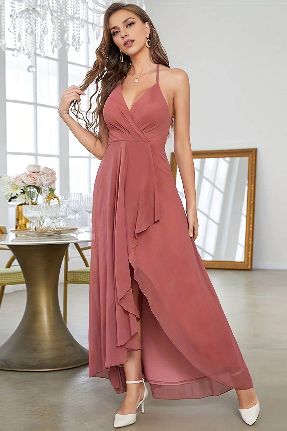OKBBN asymmetrical A-line backless sleeveless evening gown