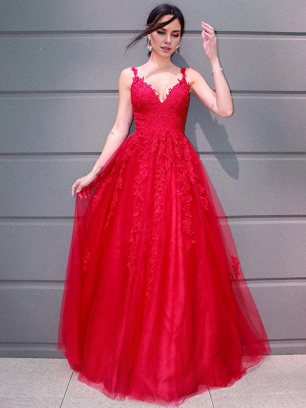 OKBBN A-line elegant chiffon V-neck and floor decal sleeveless ball gown