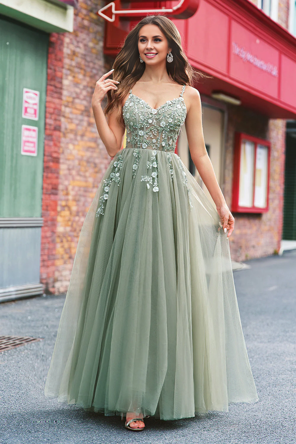 OKBBN A-line tight corset sequined chiffon long evening gown