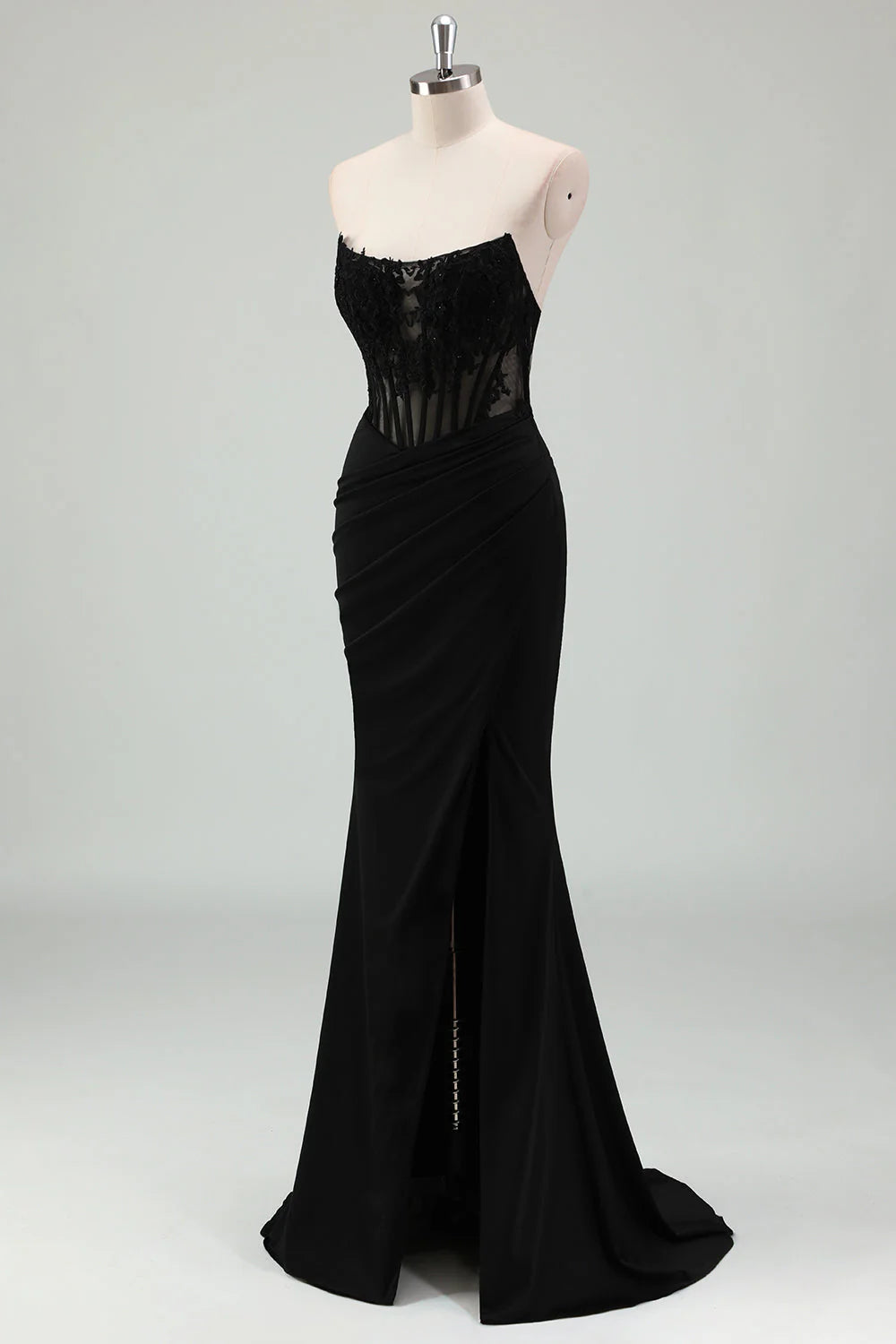 OKBBN mermaid tight corset, off shoulder pleated long slit evening gown