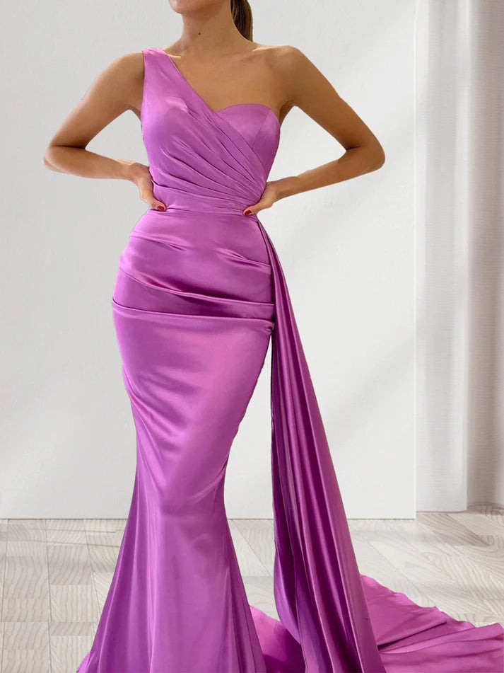 OKBBN trumpet shaped mermaid shaped single shoulder pleated evening gown