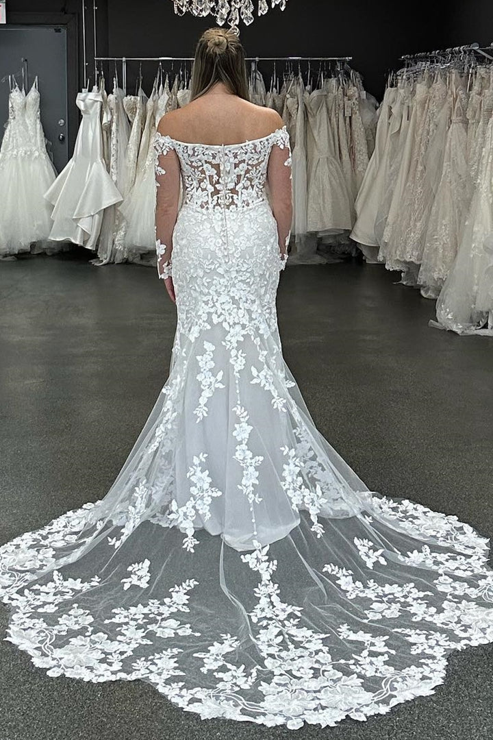 Off-the-Shoulder Illusion Sleeves Appliques Wedding Dress