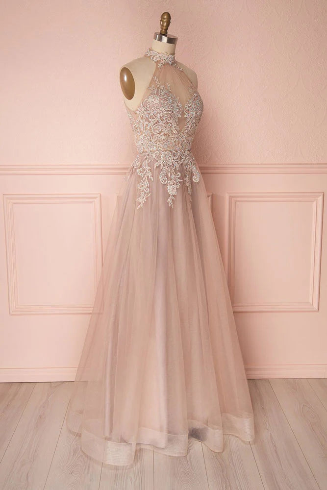 Unique lace applique tulle long prom dress tulle prom dress