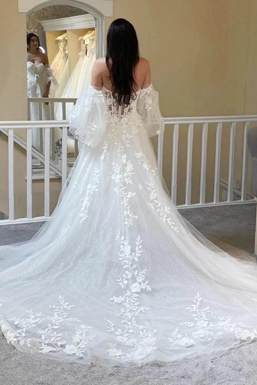 Strapless A-Line Long Wedding Dress with Detachable Sleeves