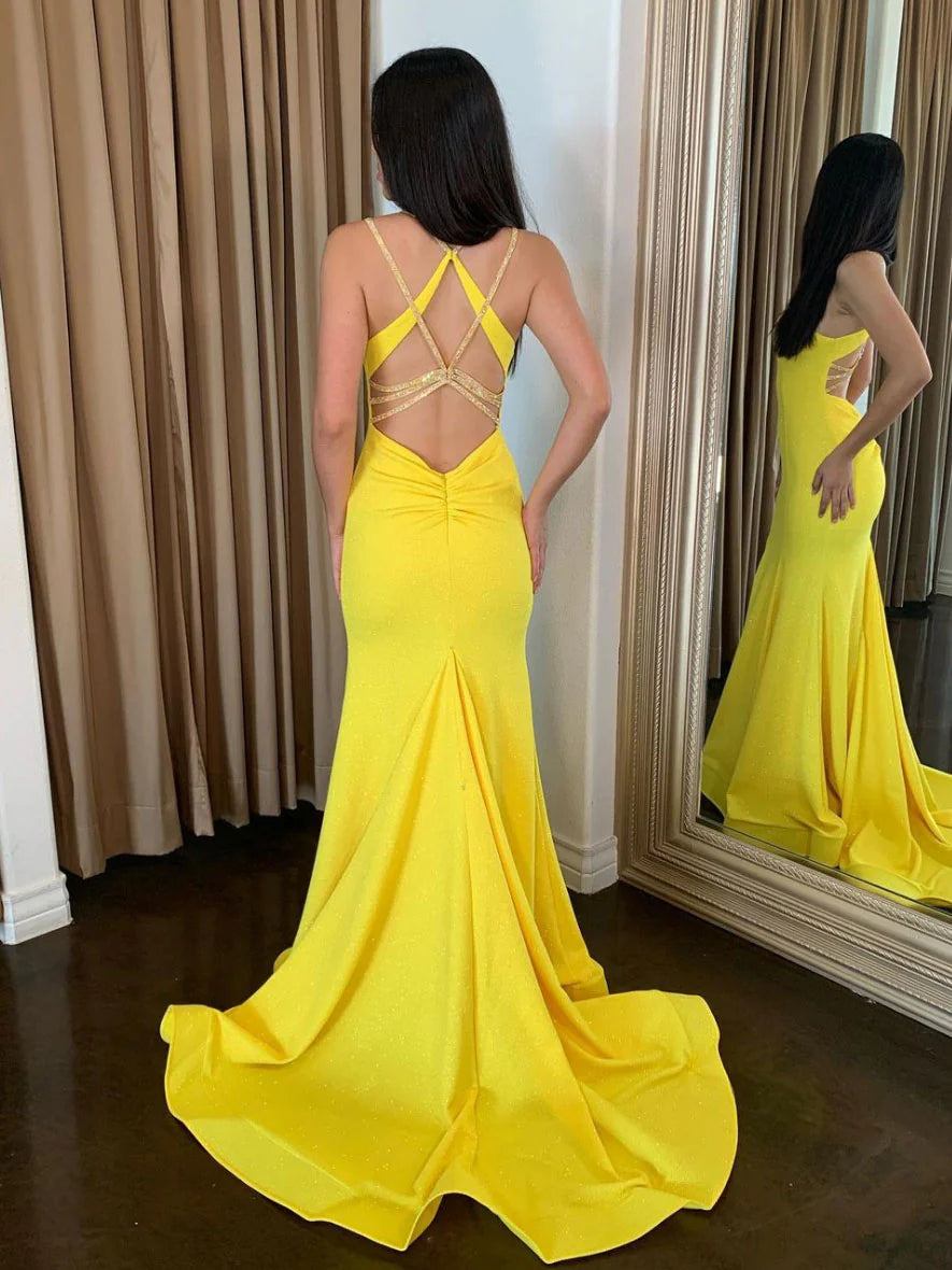 Yellow satin long prom dress Mermaid Long Evening Dress