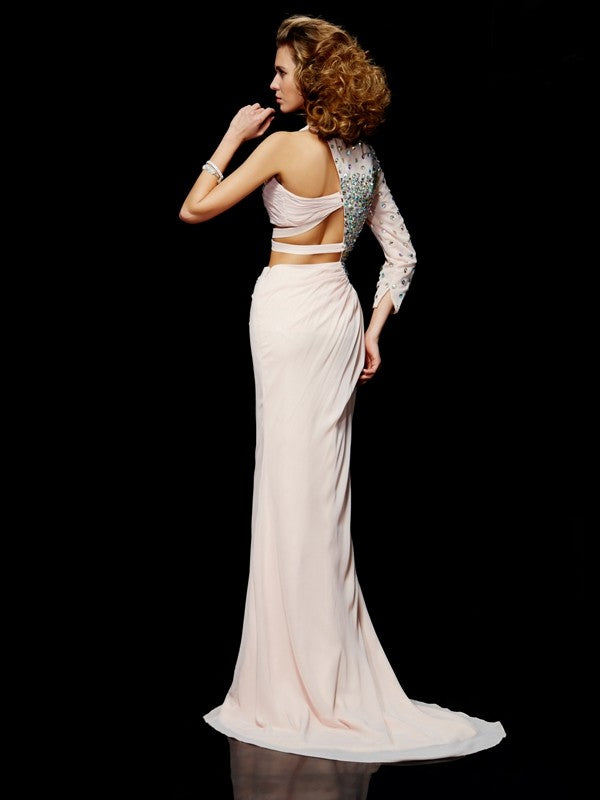 Columnar sexy one shoulder sleeveless ruffled edge long chiffon dress