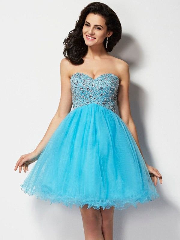 A-line Princess Sweet Sleeveless Short Beaded Tulle Homecoming Dress