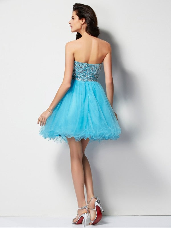 A-line Princess Sweet Sleeveless Short Beaded Tulle Homecoming Dress