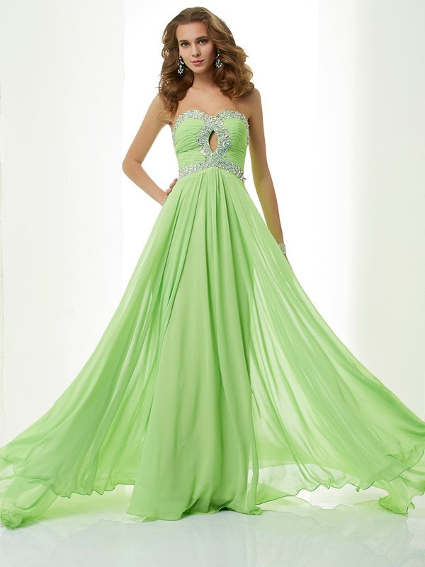 A-line Sweet Princess Sleeveless Sweet Beaded Long and Beautiful Chiffon Dress