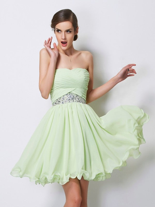 A-line Princess Sleeveless Short Beaded Chiffon Back to School Dress