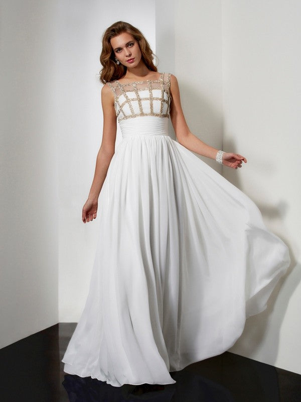 A-line Princess Sexy Strap Sleeveless Beaded Chiffon Party Ball Evening Dress
