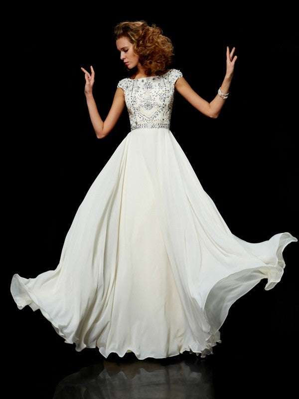 Elegant high necked short sleeved beaded long chiffon dress