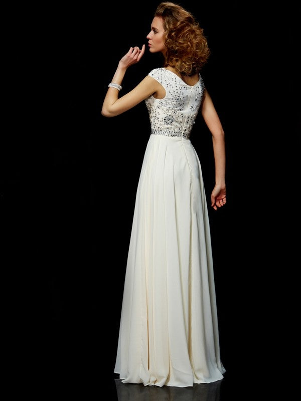 Elegant high necked short sleeved beaded long chiffon dress