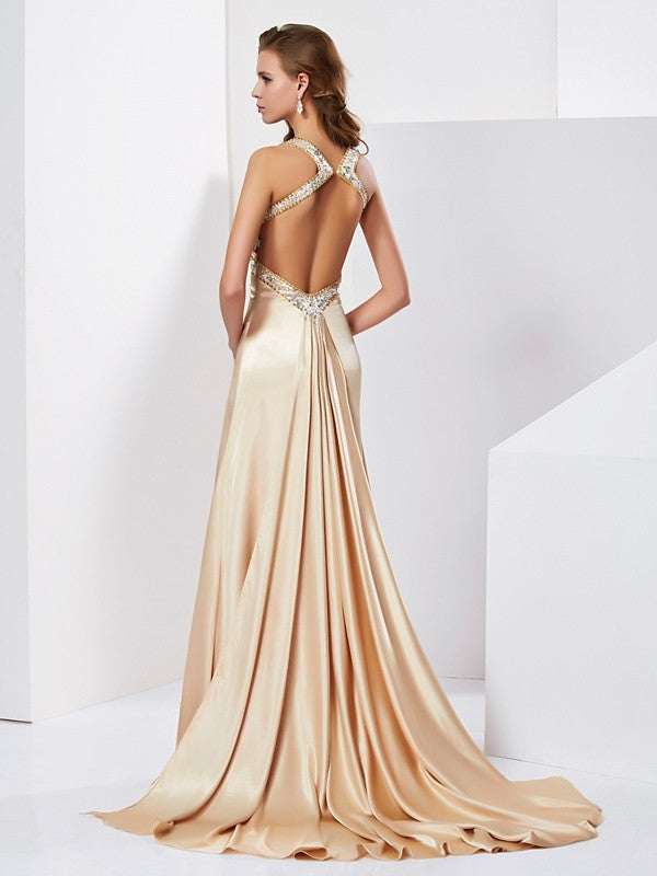 Elegant Off the Shoulder Sleeveless Ruffle Edge Long Silk Imitation Satin Dress