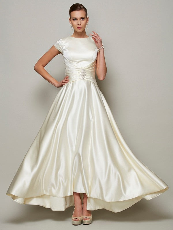 A-line elegant princess style hollowed out short sleeved studded long satin bridal mother dress