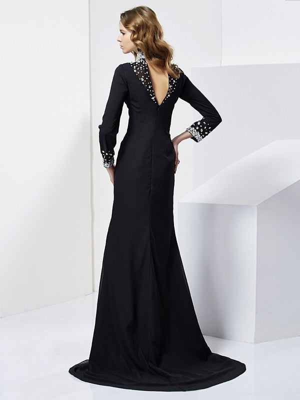 Elegant cylindrical high neck long sleeved rhinestone long chiffon dress