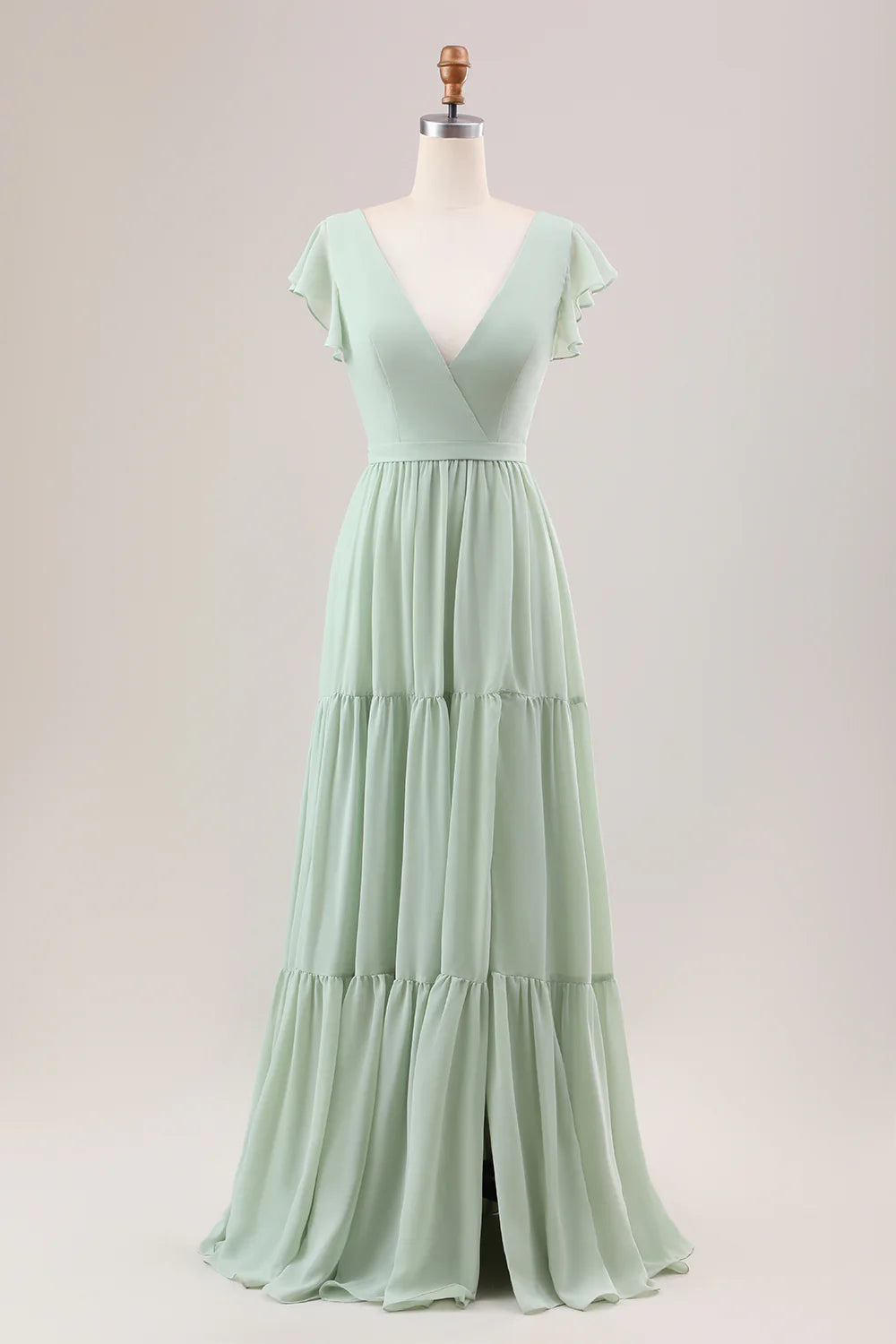 A Line V Neck Lace-Up Back Long Bridesmaid Dress With Slit