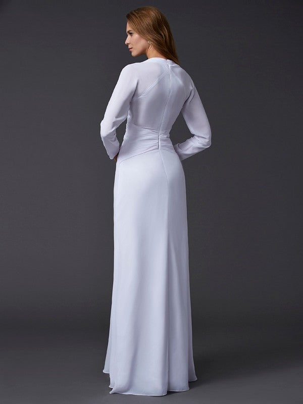 Sheath sexy V-neck long sleeved pleated long chiffon dress