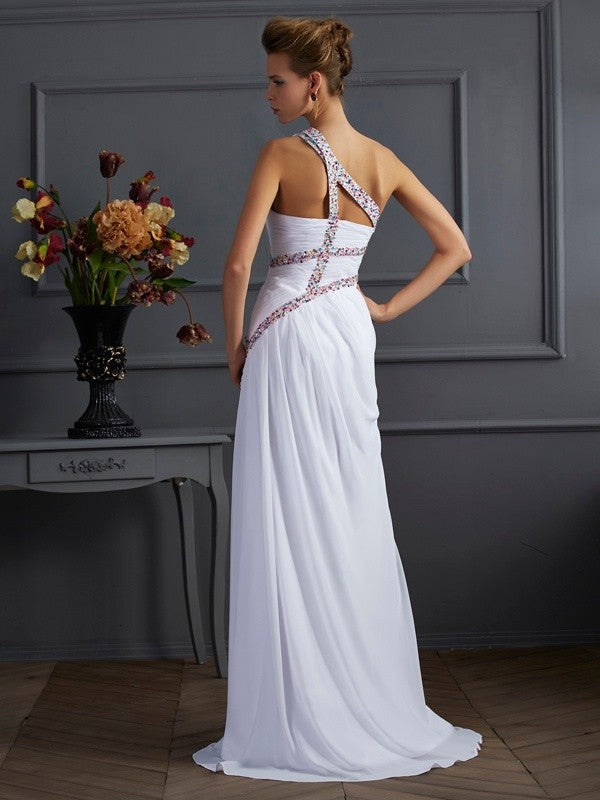 Column Sexy Elegant One Shoulder Sleeveless Beaded Long Chiffon Dress