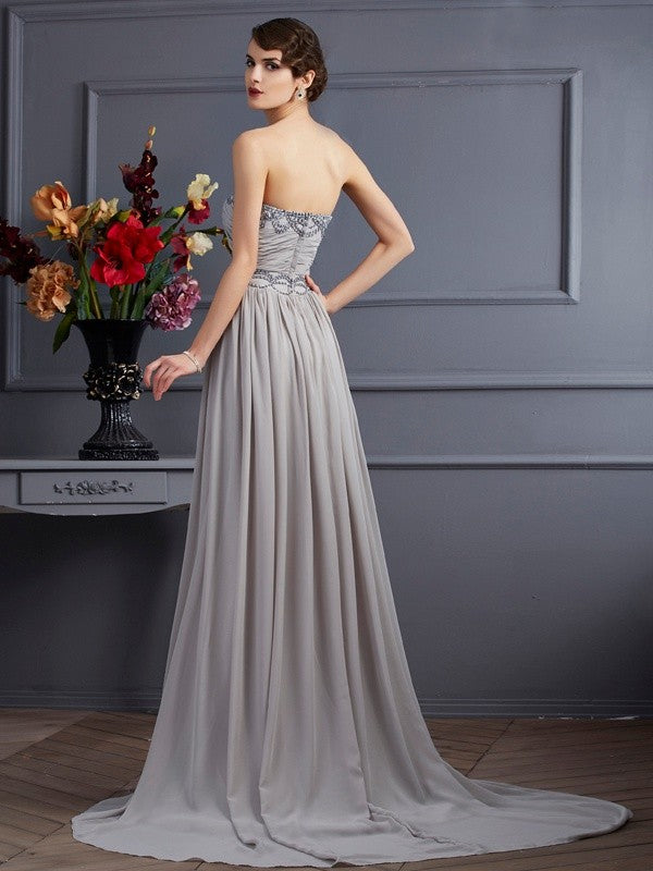 A-line elegant princess sweet sleeveless beaded pleated long chiffon dress